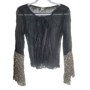 Y2K Sheer Boho Blouse Women's Medium Black Bell Sleeve Whimsigoth Fairy Zoompy